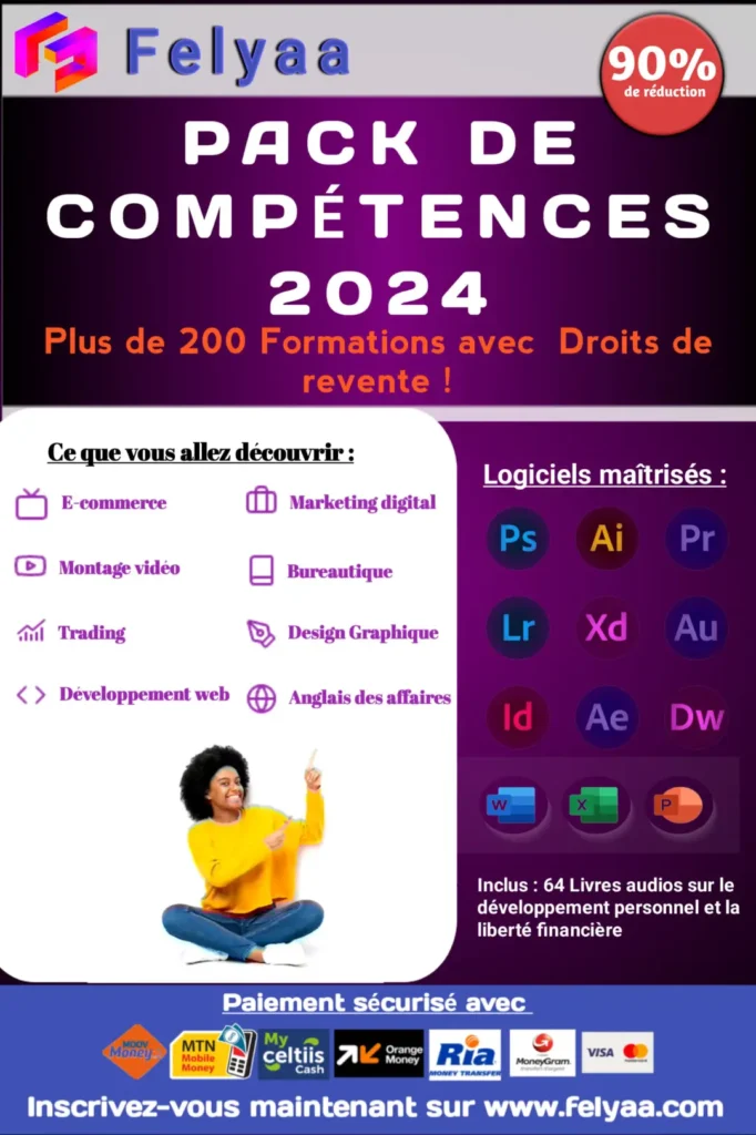 Pack de compétences 2024 ,Business en ligne, Ecommerce, dropshipping, marketing affiliation marketing, tunel de vente, graphisme, marketing digital, Felyaa
